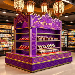 A luxurious point of sale display counter for saffron in a supermarket, designed in an Islamic-Arabic style perfect for Ramadan