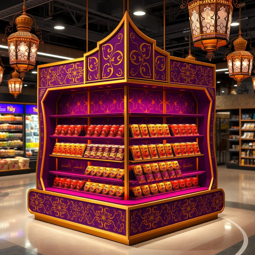 A luxurious point of sale display counter for saffron in a supermarket, designed in an Islamic-Arabic style perfect for Ramadan