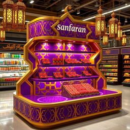 A luxurious point of sale display counter for saffron in a supermarket, designed in an Islamic-Arabic style perfect for Ramadan