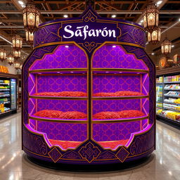 A luxurious point of sale display counter for saffron in a supermarket, designed in an Islamic-Arabic style perfect for Ramadan