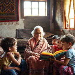 An elderly grandmother sitting in a cozy, traditional village home, surrounded by children as she narrates enchanting stories, radiating warmth and wisdom