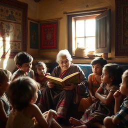 An elderly grandmother sitting in a cozy, traditional village home, surrounded by children as she narrates enchanting stories, radiating warmth and wisdom