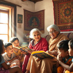 An elderly grandmother sitting in a cozy, traditional village home, surrounded by children as she narrates enchanting stories, radiating warmth and wisdom