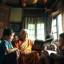 An elderly grandmother sitting in a cozy, traditional village home, surrounded by children as she narrates enchanting stories, radiating warmth and wisdom