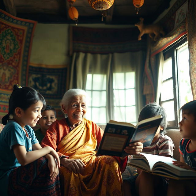 An elderly grandmother sitting in a cozy, traditional village home, surrounded by children as she narrates enchanting stories, radiating warmth and wisdom