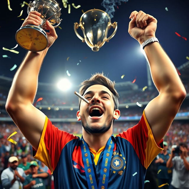 A cricket player celebrating victorious after winning the Cricket World Cup, holding the trophy high above their head with both hands