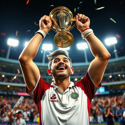 A cricket player celebrating victorious after winning the Cricket World Cup, holding the trophy high above their head with both hands