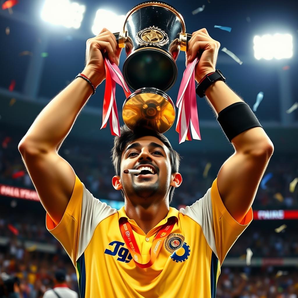 A cricket player celebrating victorious after winning the Cricket World Cup, holding the trophy high above their head with both hands