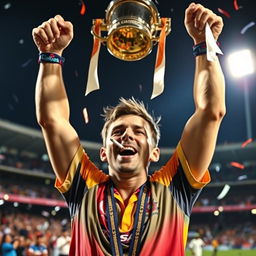 A cricket player celebrating victorious after winning the Cricket World Cup, holding the trophy high above their head with both hands