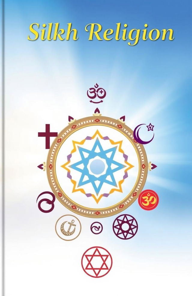 A book cover titled 'Sikh Religion' featuring symbolic representations of major world religions, focusing on the Khanda symbol of Sikhism prominently displayed at the center