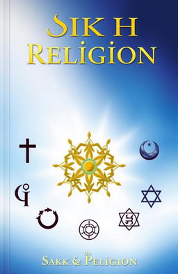 A book cover titled 'Sikh Religion' featuring symbolic representations of major world religions, focusing on the Khanda symbol of Sikhism prominently displayed at the center