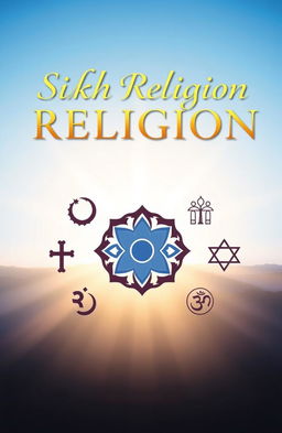 A book cover titled 'Sikh Religion' featuring symbolic representations of major world religions, focusing on the Khanda symbol of Sikhism prominently displayed at the center