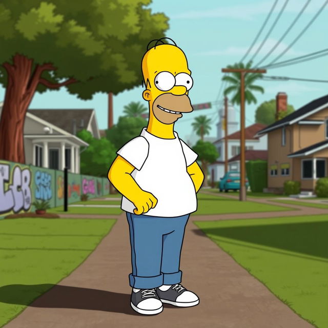 Homer Simpson depicted in a casual outfit standing in Grove Street from GTA: San Andreas