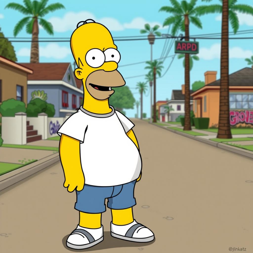 Homer Simpson depicted in a casual outfit standing in Grove Street from GTA: San Andreas