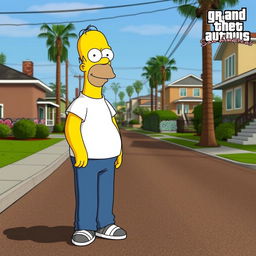Homer Simpson depicted in a casual outfit standing in Grove Street from GTA: San Andreas