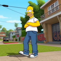 Homer Simpson depicted in a casual outfit standing in Grove Street from GTA: San Andreas