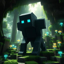 A realistic depiction of the Minecraft Warden character in a natural environment