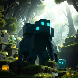 A realistic depiction of the Minecraft Warden character in a natural environment