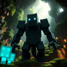 A realistic depiction of the Minecraft Warden character in a natural environment