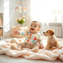 A heartwarming photo shoot featuring a 6-month-old baby sitting on a soft pastel-colored blanket surrounded by plush toys in a cozy, sunlit room