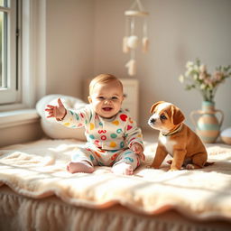 A heartwarming photo shoot featuring a 6-month-old baby sitting on a soft pastel-colored blanket surrounded by plush toys in a cozy, sunlit room