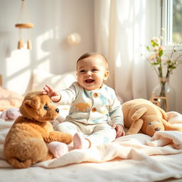 A heartwarming photo shoot featuring a 6-month-old baby sitting on a soft pastel-colored blanket surrounded by plush toys in a cozy, sunlit room