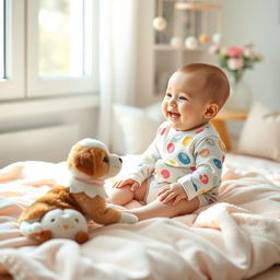 A heartwarming photo shoot featuring a 6-month-old baby sitting on a soft pastel-colored blanket surrounded by plush toys in a cozy, sunlit room