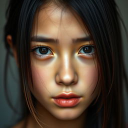 A close-up portrait of a captivating person, showcasing a symmetrical hairstyle where the hair on the right side of the cheek mirrors the hair on the left side