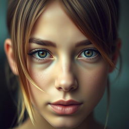 A close-up portrait of a captivating person, showcasing a symmetrical hairstyle where the hair on the right side of the cheek mirrors the hair on the left side