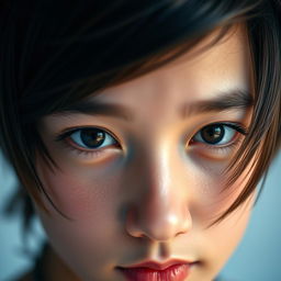 A close-up portrait of a captivating person, showcasing a symmetrical hairstyle where the hair on the right side of the cheek mirrors the hair on the left side