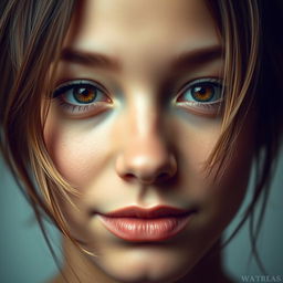 A close-up portrait of a captivating person, showcasing a symmetrical hairstyle where the hair on the right side of the cheek mirrors the hair on the left side