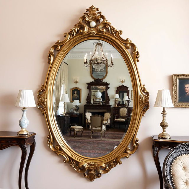 A beautifully designed, ornate mirror reflecting a stunning vintage room filled with elegant decor and tasteful furniture