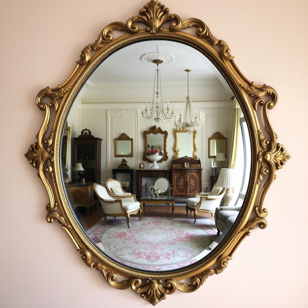 A beautifully designed, ornate mirror reflecting a stunning vintage room filled with elegant decor and tasteful furniture