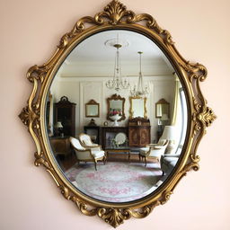 A beautifully designed, ornate mirror reflecting a stunning vintage room filled with elegant decor and tasteful furniture