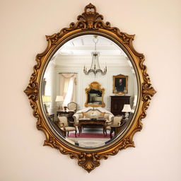 A beautifully designed, ornate mirror reflecting a stunning vintage room filled with elegant decor and tasteful furniture