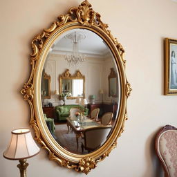 A beautifully designed, ornate mirror reflecting a stunning vintage room filled with elegant decor and tasteful furniture