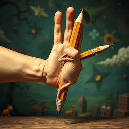 A surreal image of a hand that transforms from the forearm down to the wrist into a full human figure, where the person is tightly wrapped around a large, old, wooden pencil