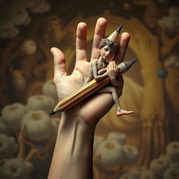 A surreal image of a hand that transforms from the forearm down to the wrist into a full human figure, where the person is tightly wrapped around a large, old, wooden pencil