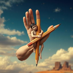 A surreal image of a hand that transforms from the forearm down to the wrist into a full human figure, where the person is tightly wrapped around a large, old, wooden pencil