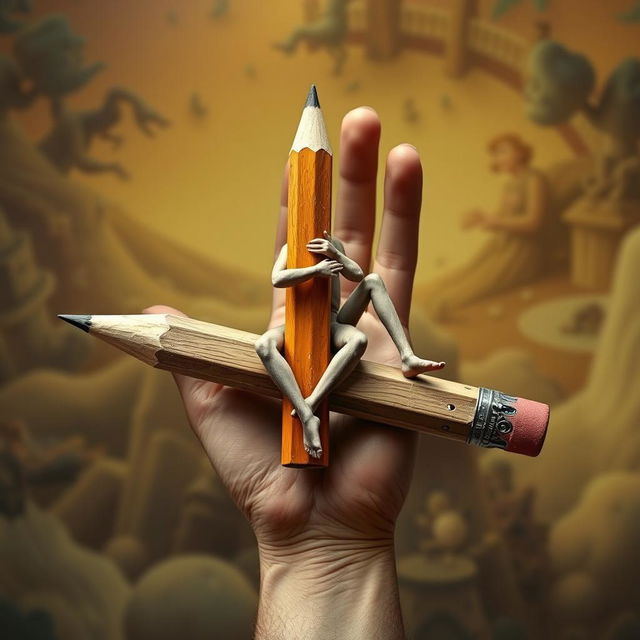 A surreal image of a hand that transforms from the forearm down to the wrist into a full human figure, where the person is tightly wrapped around a large, old, wooden pencil