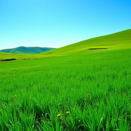 A picturesque landscape featuring a lush, vibrant green meadow under a clear blue sky