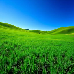 A picturesque landscape featuring a lush, vibrant green meadow under a clear blue sky