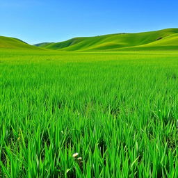 A picturesque landscape featuring a lush, vibrant green meadow under a clear blue sky