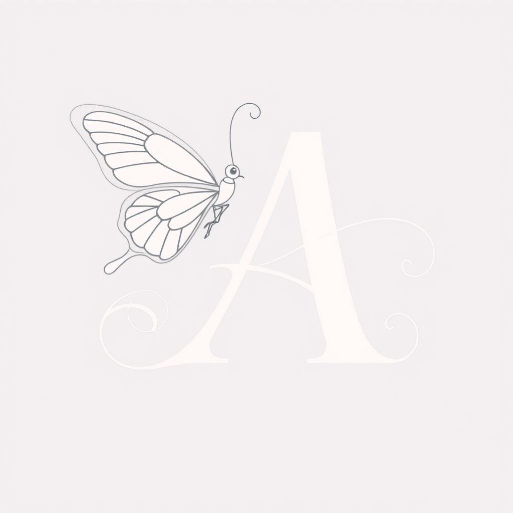 A beautifully designed linear butterfly perched delicately on the letter 'A' composed in an elegant calligraphy font