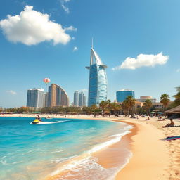 A picturesque scene set in Dubai, featuring a stunning beach with the clear blue waters of the Arabian Gulf gently lapping at the golden sandy shore