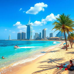 A picturesque scene set in Dubai, featuring a stunning beach with the clear blue waters of the Arabian Gulf gently lapping at the golden sandy shore