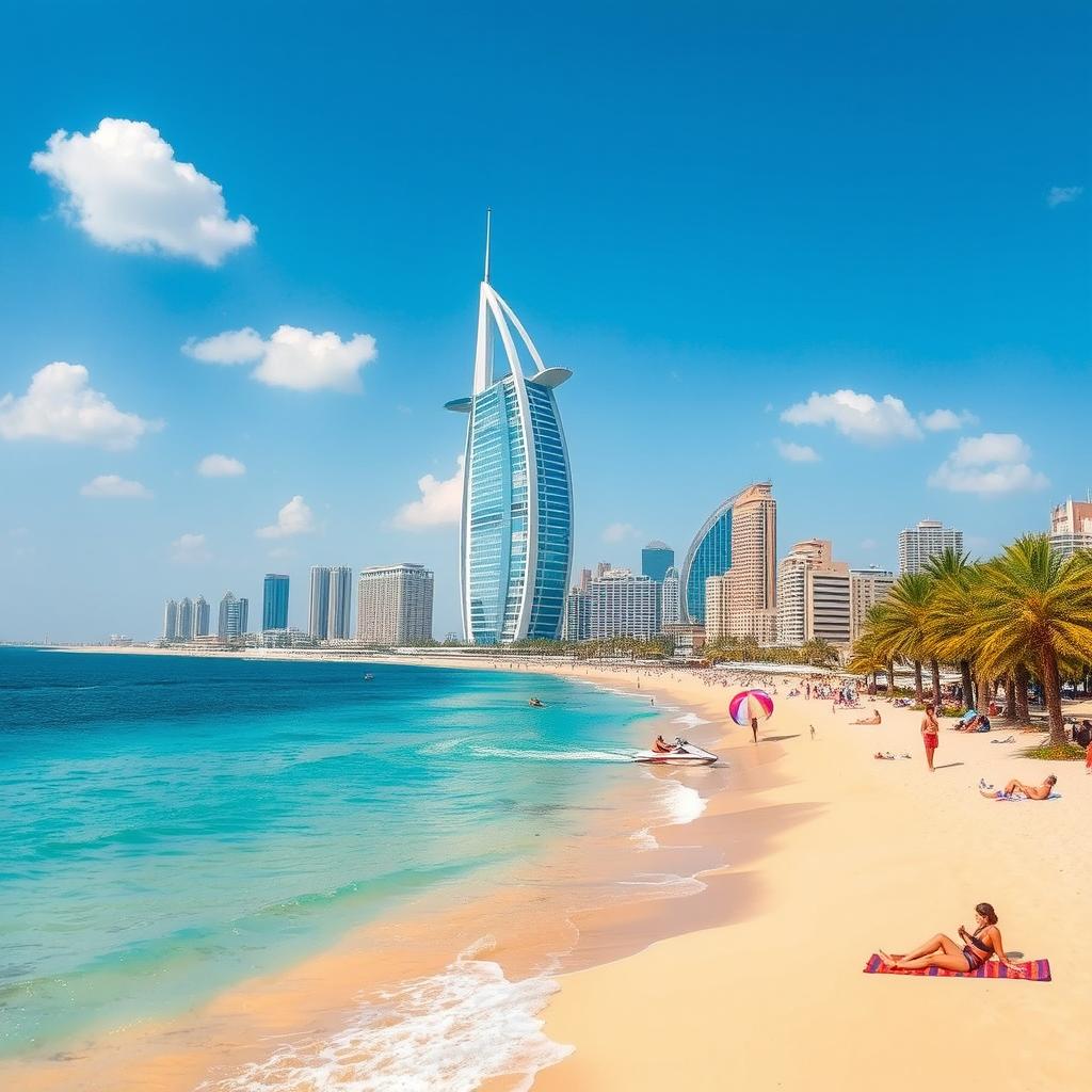 A picturesque scene set in Dubai, featuring a stunning beach with the clear blue waters of the Arabian Gulf gently lapping at the golden sandy shore