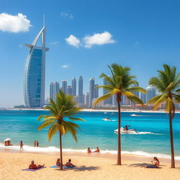 A picturesque scene set in Dubai, featuring a stunning beach with the clear blue waters of the Arabian Gulf gently lapping at the golden sandy shore
