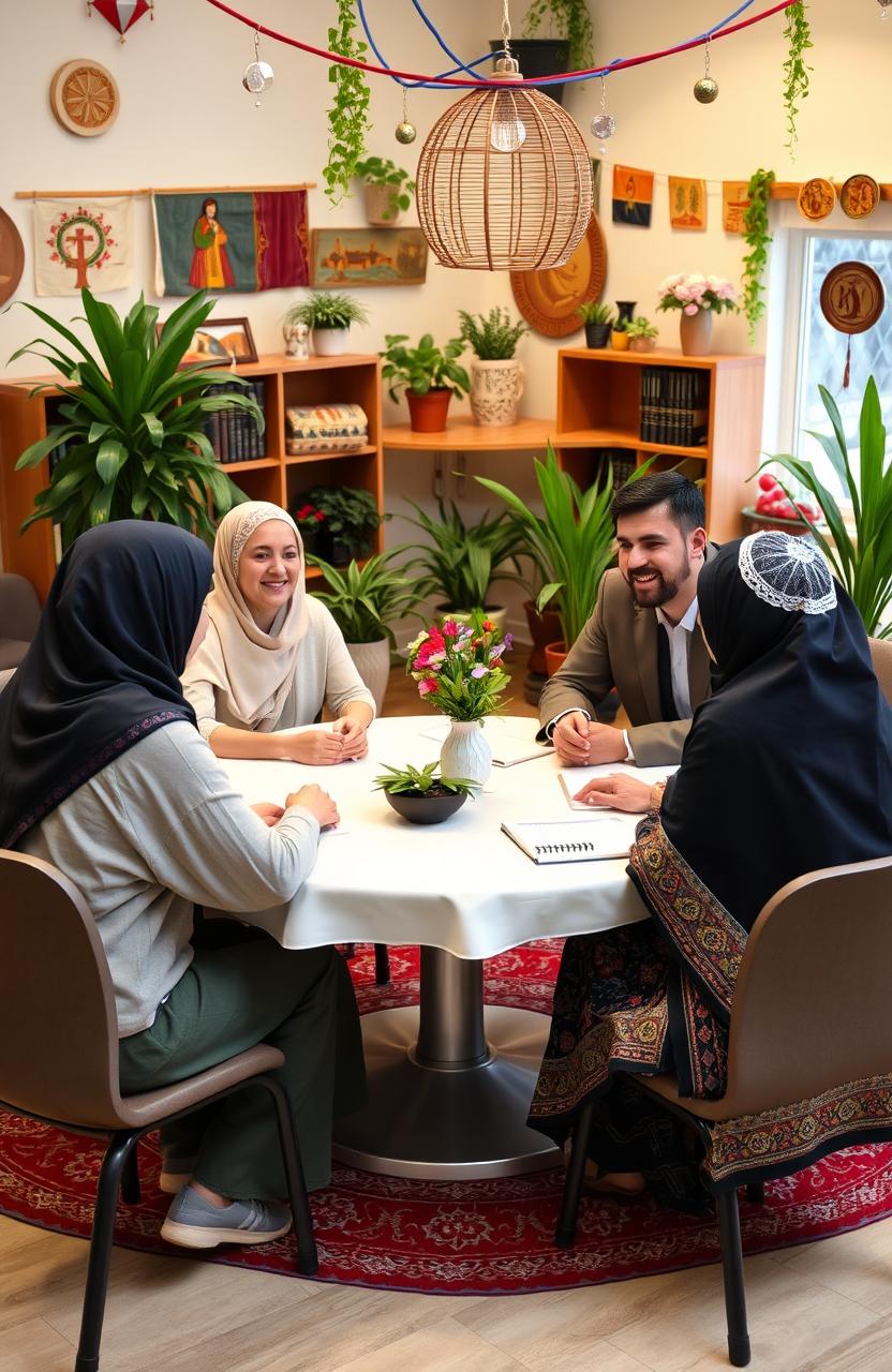 The role of psychology in forming religious tolerance attitudes in multicultural communities, showcasing diverse individuals engaging in interfaith dialogues