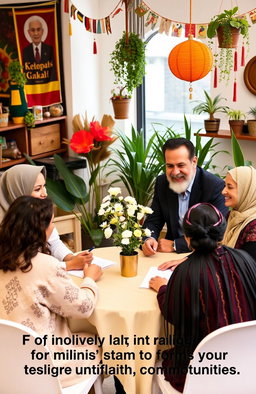 The role of psychology in forming religious tolerance attitudes in multicultural communities, showcasing diverse individuals engaging in interfaith dialogues